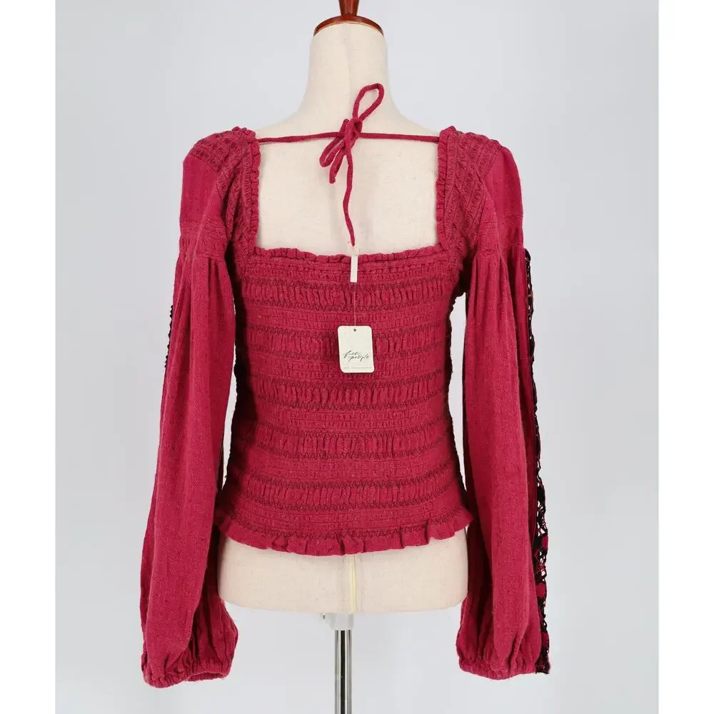 Free People Women Rose Embroidered Maggie Peasant Sleeve Bohemian Top Size M
